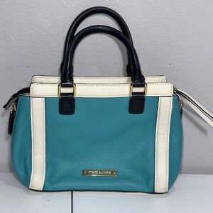 Vince Camuto Small Leather Handbag  Sea Blue Black Handle Cream Accents Expands
